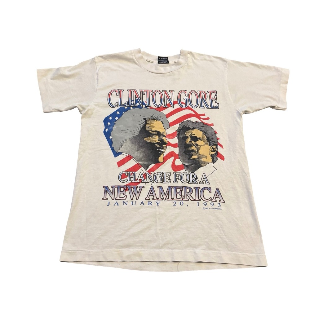 Vintage 1992 Clinton Gore T Shirt Change For A New America 90s Political White M